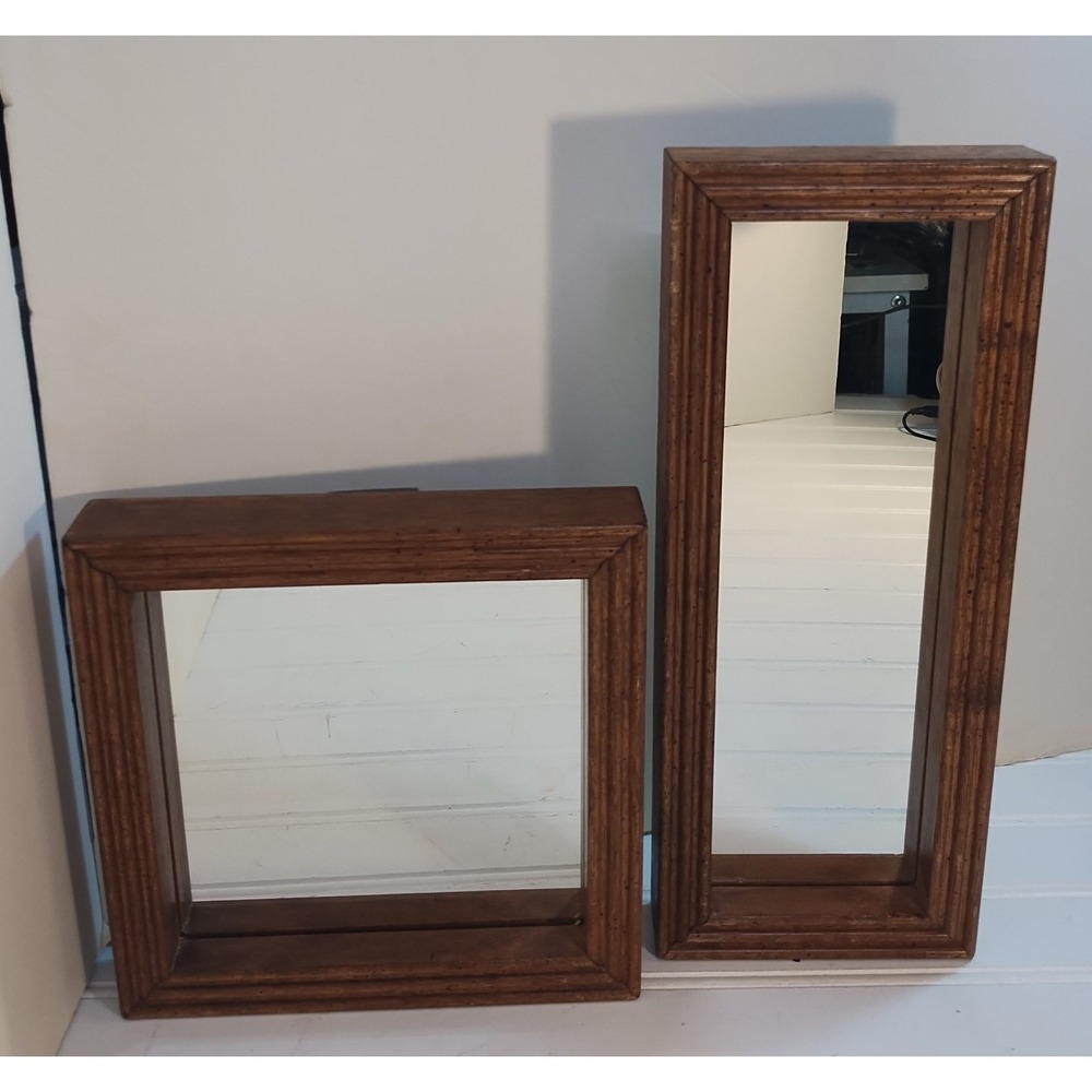 2 Vintage Faux Wood Framed Wall Mirror Rectangular Square Farmhouse Cottage MCM